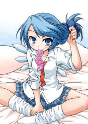 Rule 34 | 1girl, akou roushi, alternate costume, blue eyes, blue hair, blush, bow, cirno, condom, condom in mouth, condom packet strip, condom wrapper, dress shirt, hair bow, ice, ice wings, indian style, looking at viewer, loose socks, matching hair/eyes, mouth hold, necktie, red necktie, school uniform, shirt, side ponytail, sitting, skirt, sleeves rolled up, socks, solo, touhou, white socks, wings