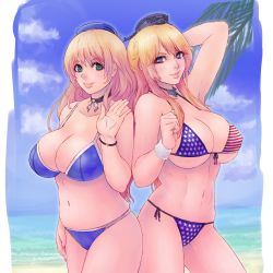 Rule 34 | 10s, 2girls, alva, american flag, american flag bikini, atago (kancolle), beach, beret, bikini, blonde hair, blue eyes, blush, bracelet, breasts, choker, cleavage, cloud, day, flag print, front-tie top, green eyes, hat, highres, iowa (kancolle), jewelry, kantai collection, large breasts, lips, long hair, looking at viewer, multiple girls, navel, outdoors, parted lips, plump, side-tie bikini bottom, smile, standing, star-shaped pupils, star (symbol), swimsuit, symbol-shaped pupils, toned