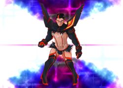 Rule 34 | 1boy, black hair, boots, cosplay, crossdressing, darius (league of legends), highres, kill la kill, league of legends, male focus, multicolored hair, resolution mismatch, revealing clothes, senketsu, short hair, solo, source smaller, streaked hair, suspenders, thigh boots, thighhighs, vsock