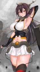 1girl arm_up armpits bad_id bad_twitter_id black_hair black_thighhighs breasts choker clothing_cutout collar detached_sleeves elbow_gloves fingerless_gloves gloves headgear highres kantai_collection large_breasts mexif nagato_(kancolle) navel navel_cutout red_eyes skirt solo thighhighs thighs