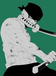 Rule 34 | 1boy, bandana, blood, blood on face, bruise, dual wielding, feet out of frame, fighting stance, green background, green hair, green theme, greyscale with colored background, highres, holding, injury, looking at viewer, male focus, mouth hold, one piece, roronoa zoro, scar, scar across eye, short hair, solo, toned, toned male, udon oneday