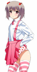 Rule 34 | 1girl, bad id, bad pixiv id, blush, clothes lift, female focus, flat chest, food, food-themed clothes, food print, fruit, grey hair, panties, pink eyes, print panties, short twintails, simple background, skirt, skirt lift, smile, solo, strawberry, strawberry panties, strawberry print, striped clothes, striped thighhighs, suspenders, thighhighs, twintails, underwear, undressing, yatsune rika
