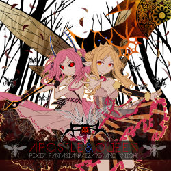 Rule 34 | 2girls, bare shoulders, black sclera, blonde hair, breasts, cleavage, colored sclera, crown, detached sleeves, double bun, dress, forest, horns, huge weapon, insect wings, large weapon, long hair, looking at viewer, medium breasts, multiple girls, nature, orange eyes, pink hair, pixiv fantasia, pixiv fantasia wizard and knight, pointy ears, red eyes, smile, sword, tsukii, twintails, weapon, wings