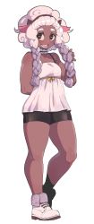 Rule 34 | 1girl, :d, animal ears, ankle boots, bare arms, bare legs, bike shorts, boots, braid, brown eyes, brown hairband, contrapposto, creatures (company), dark-skinned female, dark skin, dress, fold-over boots, full body, game freak, gen 8 pokemon, gradient hair, hairband, highres, horizontal pupils, horns, looking at viewer, multicolored hair, nintendo, nyantcha, open mouth, personification, pokemon, sheep ears, sheep horns, short dress, side braid, simple background, smile, solo, standing, white background, white dress, white footwear, white hair, wooloo