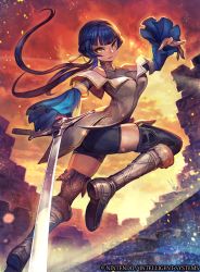 Rule 34 | 1girl, athena (fire emblem), black hair, boots, fire emblem, fire emblem: mystery of the emblem, fire emblem cipher, knee boots, lack, long hair, nintendo, official art, open mouth, sky, solo, sword, thighhighs, weapon, yellow eyes, zettai ryouiki