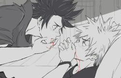 Rule 34 | 2boys, adam&#039;s apple, after kiss, bakugou katsuki, biting, bleeding, blood, blood from mouth, blush, boku no hero academia, bracelet, couple, covering own mouth, embarrassed, eye contact, eyebrows, furrowed brow, injury, jewelry, kirishima eijirou, kiwii, looking at another, lying, monochrome, multiple boys, on back, pillow, profile, scar, scar on face, short hair, spiked hair, spot color, surprised, sweat, yaoi