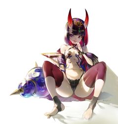 Rule 34 | 1girl, :q, ass, barefoot, bob cut, breasts, cup, fate/grand order, fate (series), full body, horns, japanese clothes, kimono, looking to the side, navel, olys, oni, pale skin, purple eyes, purple hair, sakazuki, short hair, shuten douji (fate), simple background, skin-covered horns, small breasts, solo, toeless legwear, toes, tongue, tongue out, twitter username, white background