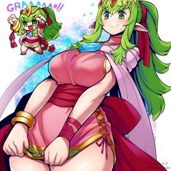 Rule 34 | 1girl, blush, breasts, chibi, chibi inset, covering privates, covering crotch, dress, embarrassed, fire emblem, fire emblem: shadow dragon and the blade of light, fire emblem awakening, fire emblem heroes, foreshortening, green eyes, green hair, highres, huge breasts, jewelry, kara age, long hair, looking down, necklace, nervous, nintendo, official alternate costume, pink dress, pointy ears, ponytail, short dress, sideboob, skirt, skirt tug, solo, sweatdrop, tiki (adult) (fire emblem), tiki (fire emblem), twitter username, undersized clothes