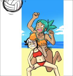 Rule 34 | 2girls, aqua hair, bad link, ball, barefoot, beach volleyball, bikini, black hair, blush, breast envy, breast rest, breasts, breasts on head, cerebella (skullgirls), clenched teeth, feng (skullgirls), front-tie bikini top, front-tie top, grabbing, grabbing another&#039;s breast, large breasts, long hair, multicolored hair, multiple girls, navel, orange bikini, playing sports, ponytail, red bikini, shadowbug x, short hair, skullgirls, small breasts, swimsuit, tankini, teeth, two-tone hair, unaligned breasts, volleyball, volleyball (object), white hair