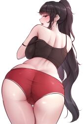 Rule 34 | 1girl, absurdres, ass, ass focus, back, bare shoulders, black eyes, black hair, black sports bra, blush, breast press, breasts, buruma, cameltoe, cheonju, cleft of venus, commentary, cowboy shot, from behind, high ponytail, highres, large breasts, long hair, looking back, median furrow, original, red buruma, simple background, solo, sports bra, strap slip, tongue, white background