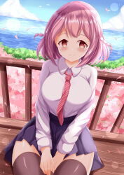 Rule 34 | 1girl, between legs, blue skirt, blue sky, blush, braid, breasts, brown eyes, brown thighhighs, closed mouth, cloud, collared shirt, commentary request, day, diagonal-striped clothes, diagonal-striped necktie, hand between legs, highres, horizon, hoshizaki akari, large breasts, looking at viewer, necktie, ocean, ongeki, outdoors, petals, pink hair, pleated skirt, railing, shirt, sitting, skirt, sky, smile, solo, striped clothes, thighhighs, twin braids, water, white shirt, xenon (for achieve)