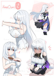 Rule 34 | !, 1girl, :o, arms behind back, artist name, bare arms, bare shoulders, black footwear, black skirt, breasts, brushing hair, dress, floating hair, from side, grey hair, hair spread out, hand in own hair, highres, holding, holding brush, holding own hair, kana ami, kneeling, large breasts, leg warmers, legs together, long hair, looking at viewer, multiple views, musical note, notice lines, oppai loli, original, outstretched arms, own hands together, red eyes, ribbed dress, shoes, short dress, sitting, skirt, sleeveless, sleeveless dress, solo, spoken exclamation mark, straight hair, stretching, very long hair, watermark, white background, white dress