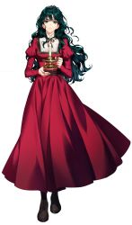 Rule 34 | 1girl, candle, candle wax, dress, eggpongg, expressionless, full body, green eyes, green hair, highres, holding, holding candle, jewelry, korean commentary, long hair, long sleeves, looking at viewer, original, red dress, solo, white background