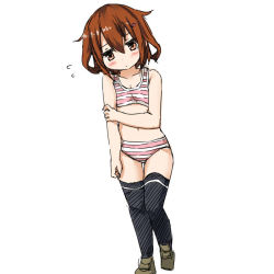 Rule 34 | 10s, 1girl, black thighhighs, blush, brown eyes, brown hair, darkside, hair ornament, hairclip, ikazuchi (kancolle), kantai collection, navel, panties, solo, striped clothes, striped panties, thighhighs, underwear, underwear only