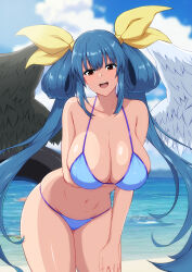 Rule 34 | 1girl, absurdres, angel wings, arm under breasts, asymmetrical wings, bare shoulders, beach, bikini, blue bikini, blue sky, blush, breasts, cleavage, cloud, cloudy sky, commentary request, dizzy (guilty gear), fuuma (bangolga1), groin, guilty gear, guilty gear xrd, guilty gear xx, hair rings, hanging breasts, highres, large breasts, leaning forward, long hair, looking at viewer, mature female, monster girl, navel, ocean, open mouth, shaded face, sidelocks, skindentation, sky, solo, stomach, sunlight, swimsuit, tail, thick thighs, thighs, twintails, water, wings