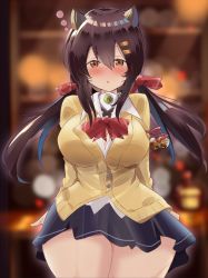 Rule 34 | 1girl, absurdres, azur lane, bell, blush, bow, breasts, brown eyes, brown hair, button gap, cardigan, commentary request, drunk, hair between eyes, hair ornament, hairclip, highres, horns, large breasts, long hair, long sleeves, looking at viewer, nagara (azur lane), pleated skirt, shirt, skirt, solo, tonchinkan, twintails, white shirt
