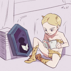 Rule 34 | 1boy, :&gt;, bare arms, black eyes, blonde hair, blush, book, briefs, closed mouth, collarbone, commentary request, daida, holding, holding book, horns, indoors, male focus, male underwear, miranjo, nikomi (nikomix), ousama ranking, reading, reflection, short hair, sitting, smile, socks, underwear