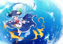 Rule 34 | 1girl, ametama (runarunaruta5656), blouse, blue hair, blue hat, blue skirt, blue sky, boots, bow, brown footwear, cloud, cloudy sky, collar, fire, food, fruit, hair between eyes, hat, highres, hinanawi tenshi, holding, leaf, leg up, long hair, looking at viewer, ocean, open mouth, peach, pink eyes, puffy short sleeves, puffy sleeves, red bow, red neckwear, reflection, shadow, shirt, short sleeves, skirt, sky, smile, solo, standing, standing on liquid, standing on one leg, sword, touhou, water, weapon, white collar, white shirt, white sleeves