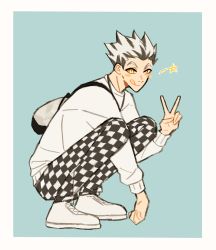 Rule 34 | 1boy, backpack, bag, black hair, blue background, bokuto koutarou, border, checkered clothes, checkered legwear, claireiosity, closed mouth, eyebrows, full body, haikyuu!!, hair up, highres, long sleeves, looking at viewer, male focus, pale skin, pants, shirt, shoes, short hair, sleeves past elbows, smile, solo, solo focus, spiked hair, squatting, star (symbol), tongue, tongue out, v, white border, white footwear, white hair, white shirt, yellow eyes