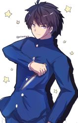Rule 34 | 1boy, blue eyes, blue jacket, blue pants, closed mouth, hand in pocket, highres, holding, holding knife, holding weapon, jacket, knife, long sleeves, looking at viewer, male focus, pants, purple hair, reverse grip, smile, solo, standing, tanaji, tohno shiki, tsukihime, twitter username, v-shaped eyebrows, weapon, white background