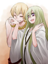 Rule 34 | 2boys, blonde hair, bracelet, enkidu (fate), closed eyes, fate/strange fake, fate (series), gilgamesh (fate), green hair, holding hands, jewelry, kalanchoe xxxx, long hair, male focus, multiple boys, necklace, open mouth, purple eyes, smile, trap