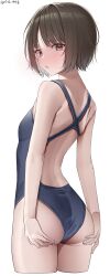 Rule 34 | 1girl, absurdres, amagami, ass, bare shoulders, blue one-piece swimsuit, breasts, brown eyes, brown hair, commentary, competition swimsuit, cropped legs, from behind, gradient hair, highres, kawai ritsu (rits meg), looking at viewer, looking back, multicolored hair, one-piece swimsuit, parted bangs, parted lips, short hair, simple background, small breasts, solo, swimsuit, tachibana miya, thighs, twitter username, white background