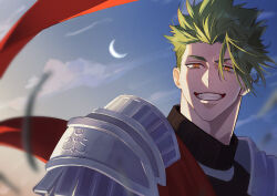 Rule 34 | 1boy, absurdres, achilles (fate), armor, blue sky, blurry, crescent moon, depth of field, fate/apocrypha, fate (series), green hair, grin, haruakira, highres, looking ahead, male focus, mature male, moon, orange eyes, red sash, sash, short hair, shoulder armor, sideburns, sky, smile, solo, undercut, upper body