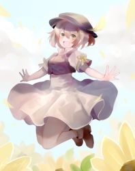 Rule 34 | 1girl, aubz, bag, brown hair, dress, green eyes, hat, jewelry, jumping, looking at viewer, necklace, octopath traveler, octopath traveler i, one eye closed, open mouth, short hair, simple background, smile, solo, tressa (octopath traveler)