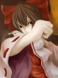 Rule 34 | 1girl, bow, brown eyes, brown hair, clenched hand, female focus, foreshortening, ghostshell0083, gradient background, hair bow, hakurei reimu, solo, touhou, upper body