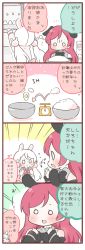 Rule 34 | 0 0, 2girls, 4koma, :&gt;, animal ears, bad id, bad twitter id, baking, blush, bowl, clapping, comic, detached sleeves, egg, flying sweatdrops, hair ornament, multiple girls, o o, original, rabbit ears, rabbit hair ornament, red hair, saku usako (rabbit), translation request, twintails, weighing scale, white hair