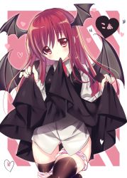 Rule 34 | 1girl, bat wings, black dress, blush, border, bottomless, brown thighhighs, clothes in mouth, clothes lift, dress, dress in mouth, dress lift, female focus, head tilt, head wings, heart, koa (phrase), koakuma, long hair, long sleeves, looking at viewer, mouth hold, necktie, panties, panty pull, red eyes, red hair, shiromochi sakura, shirt, solo, striped clothes, striped panties, thighhighs, touhou, underwear, wings