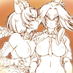 Rule 34 | 10s, 2girls, :p, animal ears, animal print, asymmetrical docking, bare shoulders, between breasts, bird wings, blonde hair, bow, bowtie, breast press, breasts, cat ears, closed eyes, collared shirt, elbow gloves, feathered wings, gloves, groin, hair between eyes, hair ornament, hair tie, hand on another&#039;s shoulder, hand up, head wings, hisahiko, jitome, kemono friends, large breasts, looking at viewer, low ponytail, lowres, medium breasts, monochrome, multiple girls, navel, necktie, necktie between breasts, nipples, open clothes, open shirt, serious, serval (kemono friends), serval print, shirt, shoebill (kemono friends), short hair, short sleeves, side ponytail, skirt, tongue, tongue out, topless, upper body, wing collar, wings, yuri