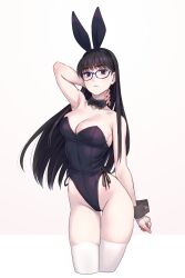 Rule 34 | 1girl, animal ears, armpits, bare shoulders, black-framed eyewear, black hair, black leotard, blush, bow, bowtie, breasts, cleavage, closed mouth, collarbone, covered navel, cowboy shot, detached collar, fake animal ears, glasses, hairband, highleg, highleg leotard, highres, large breasts, leotard, long hair, looking at viewer, original, playboy bunny, rabbit ears, rabbit tail, simple background, skindentation, solo, standing, strapless, strapless leotard, tail, thighhighs, thighs, white background, wrist cuffs, yuuji (and)