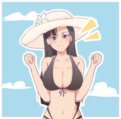 Rule 34 | 1girl, asymmetrical bangs, bikini, black bikini, black eyes, black hair, blue sky, breasts, cleavage, closed mouth, cloud, cloudy sky, day, front-tie bikini top, front-tie top, girls und panzer, halterneck, hat, large breasts, long hair, looking at viewer, multi-strapped bikini, navel, nishi kinuyo, notice lines, outdoors, outline, sky, smile, solo, standing, straight hair, sun hat, swimsuit, w arms, white hat, white outline, zannen hero