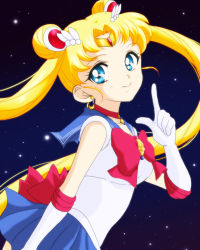 Rule 34 | 10s, 1girl, bad id, bad pixiv id, bishoujo senshi sailor moon, bishoujo senshi sailor moon crystal, blue eyes, blue sailor collar, blue skirt, bow, choker, circlet, double bun, earrings, elbow gloves, gloves, hair ornament, hairclip, highres, jewelry, long hair, red bow, ririko deluxe, sailor collar, sailor moon, skirt, smile, solo, tsukino usagi, twintails, white gloves
