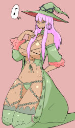 Rule 34 | 1girl, bandai, bare shoulders, bikini, blunt bangs, breasts, brown background, cleavage, criss-cross halter, culdcept, culdcept (series), culdcept revolt, curvy, dark-skinned female, dark skin, earrings, female focus, frills, green hat, green jacket, green legwear, halterneck, hat, high heels, highres, hypna, jacket, jewelry, large breasts, lipstick, long hair, looking at viewer, lowleg, lowleg bikini, makeup, midriff, musical note, navel, open clothes, open jacket, pink hair, purple hair, revealing clothes, sitting, solo, sweat, swimsuit, tagme, witch, witch hat, yellow eyes