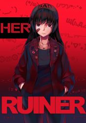 Rule 34 | 1girl, bandaid, bandaid on face, black background, black hair, commentary request, emoticon, gradient background, hands in pockets, headphones, her, jacket, jewelry, long hair, looking at viewer, necklace, red background, red eyes, red theme, ruiner, ryou@ryou, smile, solo
