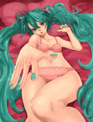 Rule 34 | 1girl, bad id, bad pixiv id, bed, blush, bra, green eyes, green hair, green nails, hatsune miku, kumatani, lingerie, long hair, lying, matching hair/eyes, nail polish, outstretched arm, outstretched hand, panties, reaching, solo, twintails, underwear, underwear only, very long hair, vocaloid
