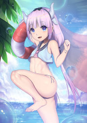 Rule 34 | 10s, 1girl, arm up, ascot, bad id, bad pixiv id, bare arms, bare shoulders, barefoot, beads, bikini, black bow, blue eyes, blue sky, blunt bangs, bow, bracelet, clenched hand, cloud, cloudy sky, collarbone, crop top, cropped shirt, day, dragon girl, dragon horns, fang, feet, hair beads, hair ornament, hairband, hand up, horizon, horns, innertube, jewelry, kanna kamui, knee up, kobayashi-san chi no maidragon, leaf, leg up, lens flare, light purple hair, long hair, looking at viewer, midriff, navel, neckerchief, ocean, open mouth, outdoors, pink neckwear, plant, sailor bikini, sailor collar, shirt, sky, sleeveless, sleeveless shirt, solo, standing, standing on one leg, stomach, swim ring, swimsuit, thighs, toenails, toes, twintails, very long hair, water drop, white shirt, xiaosan ye