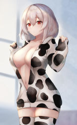 Rule 34 | 1girl, amano kusatsu, animal print, azur lane, breasts, closed mouth, collarbone, commentary request, cow print, cowboy shot, expressionless, hair between eyes, hands up, highres, hood, hood down, hoodie, large breasts, long sleeves, looking at viewer, navel, no bra, open clothes, open hoodie, red eyes, sirius (azur lane), sleeves past wrists, solo, thighhighs, thighs, white hair, zipper pull tab