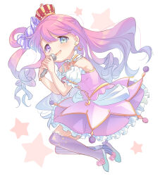 Rule 34 | 1girl, absurdres, blue eyes, blue footwear, blue hair, blush, chipochopo324, commentary request, crescent, crescent earrings, crown, detached sleeves, dress, earrings, frilled dress, frills, full body, gradient hair, heterochromia, highres, himemori luna, holding, holding microphone, hololive, jewelry, microphone, mini crown, multicolored hair, open mouth, over-kneehighs, pink dress, purple eyes, purple hair, purple socks, short sleeves, socks, solo, star (symbol), thighhighs, virtual youtuber, white sleeves