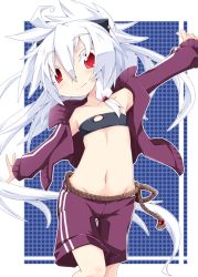 Rule 34 | 1girl, belt, black bra, blush, bra, flat chest, horns, jacket, lingerie, long hair, midriff, navel, open clothes, open jacket, original, outstretched arms, piercing, pointy ears, red eyes, reku, shiroko (reku), shorts, silver hair, smile, solo, track suit, underwear, very long hair