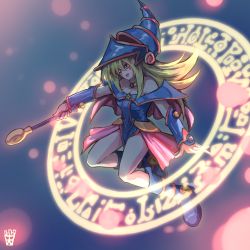 Rule 34 | 1girl, :d, absurdres, bare shoulders, blonde hair, blue footwear, blush stickers, boots, breasts, choker, cleavage, dark magician girl, duel monster, full body, green eyes, hat, highres, holding, holding wand, long hair, magic circle, medium breasts, ootato, open mouth, pentacle, smile, solo, vambraces, wand, yu-gi-oh!