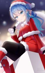Rule 34 | 1girl, absurdres, black gloves, black pantyhose, blue eyes, blue hair, boots, commentary, dress, fur-trimmed dress, fur trim, gloves, hair between eyes, hair ribbon, hat, highres, holding, holding sack, hololive, hoshimachi suisei, kaname eri, long hair, looking at viewer, looking down, mia (mk2022), pantyhose, ribbon, sack, santa boots, santa capelet, santa dress, santa hat, sitting, solo, star (symbol), star in eye, symbol-only commentary, symbol in eye, thigh strap, virtual youtuber