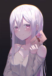 Rule 34 | 1girl, bare shoulders, black background, blush, breasts, camisole, chromatic aberration, closed mouth, collarbone, dustea, flower, grey shirt, hair between eyes, highres, holding, letter, long hair, long sleeves, looking at viewer, original, pink eyes, shirt, sidelocks, simple background, sleeves past wrists, small breasts, smile, solo, spaghetti strap, upper body, white hair