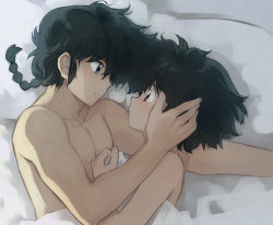 Rule 34 | 1boy, 1girl, afterglow, aftersex, bed, bed sheet, black hair, blue eyes, blush, braid, brown eyes, couple, cuddling, eye contact, face, hand on another&#039;s cheek, hand on another&#039;s face, hetero, looking at another, lying, mimi (ranma3049), naked sheet, nude, on side, ponytail, ranma3049, ranma 1/2, saotome ranma, short hair, single braid, tendou akane, under covers