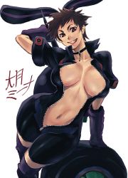 Rule 34 | 00s, 1girl, animal ears, breasts, center opening, choker, curvy, getsumento heiki miina, hip focus, huge breasts, large breasts, lips, navel, ootsuki mina, open clothes, rabbit ears, skin tight, solo, st-retcher, thighhighs, unzipped, wide hips