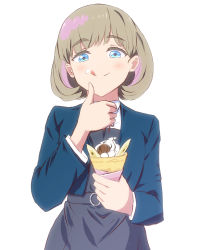 Rule 34 | 1girl, :p, blue cardigan, blue eyes, bob cut, cardigan, closed mouth, commentary request, cream, crepe, eating, food, food on face, gradient hair, highres, holding, holding food, light blush, light brown hair, long sleeves, love live!, love live! superstar!!, multicolored hair, pink hair, school uniform, short hair, solo, tang keke, teyukosu, tongue, tongue out, upper body, white background, yuigaoka school uniform