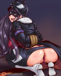 Rule 34 | 10s, 1girl, absurdres, anus, armband, ass, bad id, bad pixiv id, bdsm, black gloves, bondage, boots, bound, bound arms, breasts, cleft of venus, crotchless, crotchless pants, eyepatch, from behind, gloves, helmet, highres, large breasts, leotard, lips, long hair, looking back, pants, partially visible anus, partially visible vulva, pickelhaube, plamja-sama, purple hair, randomboobguy, red eyes, red leotard, restrained, sekai seifuku: bouryaku no zvezda, shikabane itsuka, solo, squatting, thong, uncensored