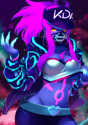 Rule 34 | 1girl, absurdres, akali, baseball cap, beckoning, belt, blue skin, breasts, colored skin, come hither, hat, highres, jacket, k/da (league of legends), k/da akali, league of legends, long hair, looking at viewer, mask, medium breasts, midriff, mouth mask, navel, ponytail, purple hair, rayrie, solo, spray paint, yellow eyes